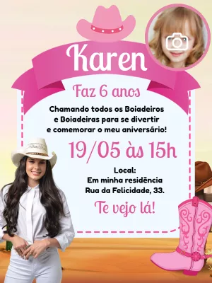Convite Aniversário Cowgirl com Foto para Editar Online