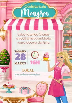 Convite de Aniversário Confeitaria da Barbie para Editar Online