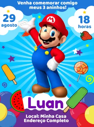 Convite Aniversário Super Mario para Editar Online
