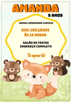 Convite Aniversário Bosque Encantado com Animais para Editar