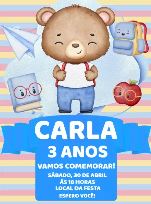 Convite de Aniversário Ursinho Escolar para Editar Online