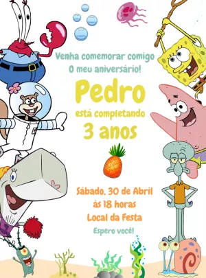 Convite Aniversário Bob Esponja com a Turma para Editar Online