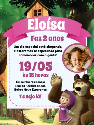 Convite Masha e o Urso com Foto para Editar Online