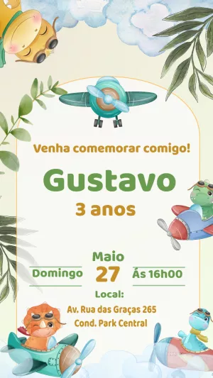 Convite Aniversário Dinossauros Aviadores para Editar Online