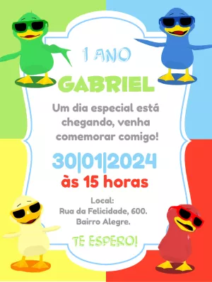 Convite Aniversário Patinhos Coloridos para Editar Online