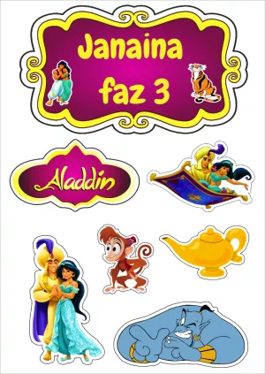 Topo de Bolo Aladdin com Personagens para Editar e Imprimir