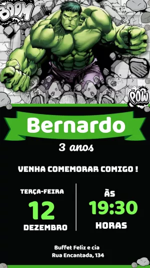 Convite de Aniversário Hulk para Editar e Imprimir