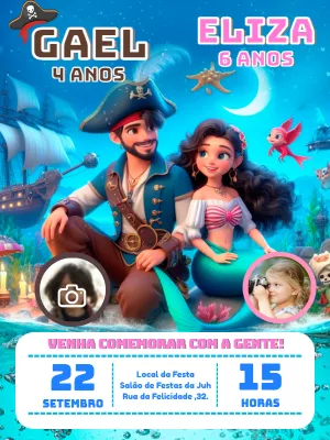 Convite Aniversário Duplo Pirata e Sereia com Foto para Editar