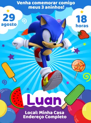 Convite de Aniversário Sonic para Editar Online e Imprimir