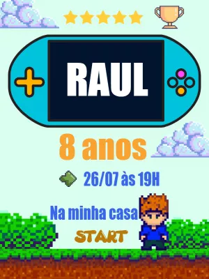 Convite Aniversário Vídeo Game Pixel Art para Editar Online