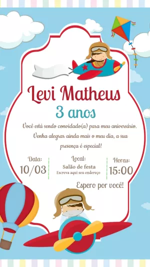 Convite de Aniversário Aviador para Editar e Imprimir