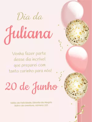 Convite de Aniversário Balões Rosa e Dourado para Editar