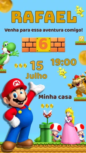Convite Aniversário Super Mario para Editar e Imprimir