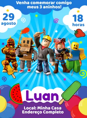 Convite de Aniversário Roblox com Personagens para Editar