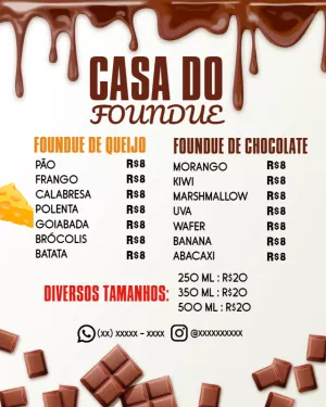Cardápio de Fondue de Chocolate e Queijo para Editar Online