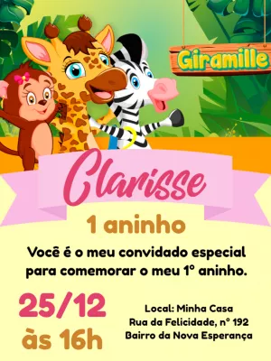 Convite Aniversário Giramille com Animais para Editar Online