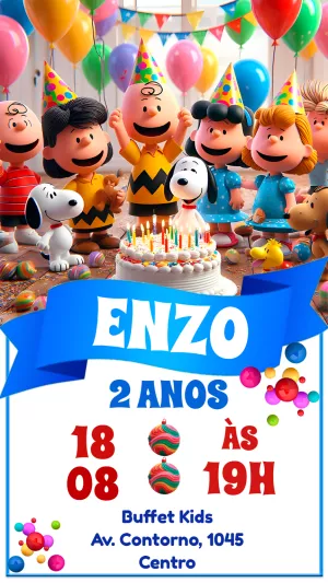 Convite de Aniversário Snoopy e Turma para Editar Online
