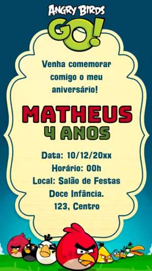 Convite Aniversário Angry Birds Go! para Editar Online