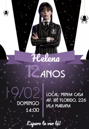 Convite Aniversário Wandinha Addams para Editar Online