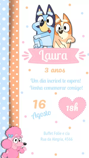 Convite de Aniversário Bluey e Bingo Rosa para Editar Online