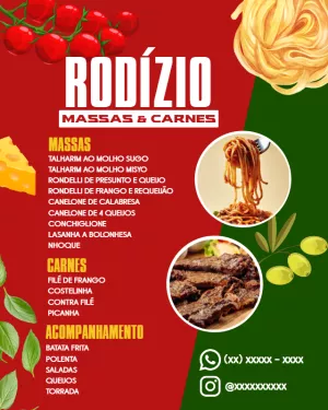 Cardápio de Rodízio de Massas e Carnes para Editar Online