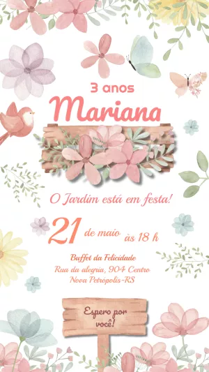 Convite Aniversário Jardim Encantado Floral para Editar Online