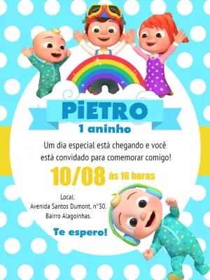 Convite de Aniversário Cocomelon com Personagens para Editar Online