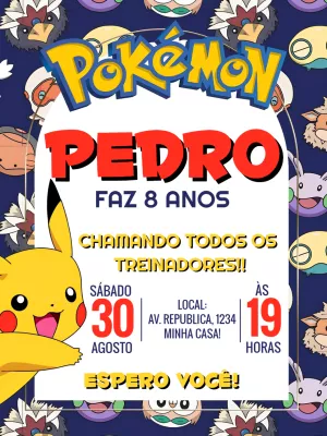 Convite de Aniversário Pokémon com Personagens para Editar Online
