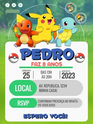 Convite de Aniversário Pokémon com Pikachu para Editar Online