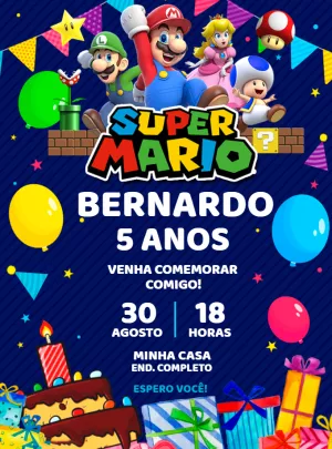 Convite de Aniversário Super Mario com Personagens para Editar Online