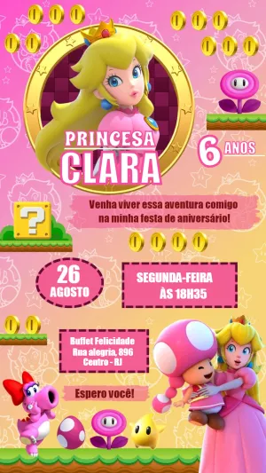 Convite Aniversário Princesa Peach para Editar Online