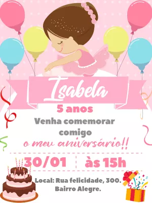 Convite Aniversário Bailarina Candy Color para Editar Online