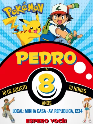 Convite Aniversário Pokémon com Ash e Pikachu para Editar Online