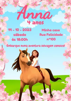 Convite Aniversário Spirit Rosa com Flores Editável Online