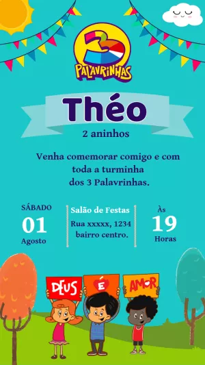 Convite de Aniversário 3 Palavrinhas para Editar Online