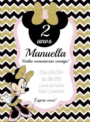 Convite de Aniversário Minnie Dourado e Rosa para Editar Online
