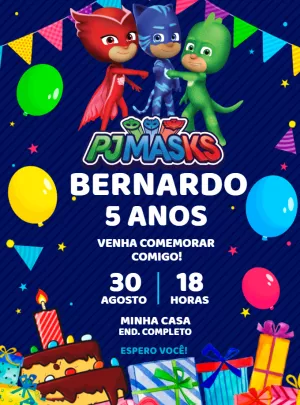 Convite de Aniversário PJ Masks com Heróis para Editar