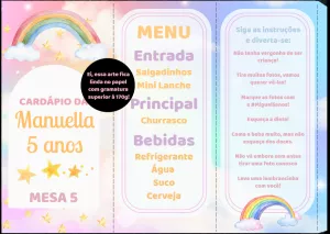 Cardápio Aniversário Arco Íris Aquarela para Editar Online