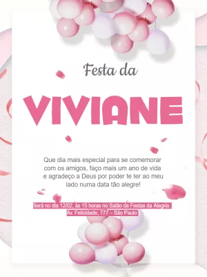 Convite de Aniversário com Balões Rosa para Editar Online