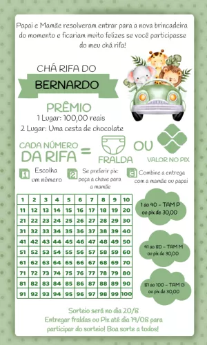 Convite Chá Rifa Safari com Animais para Editar Online