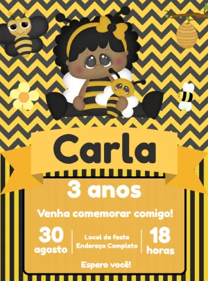 Convite Aniversário Abelhinha Menina Morena para Editar Online