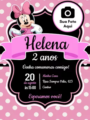 Convite Minnie Rosa com Foto para Aniversário para Editar Online