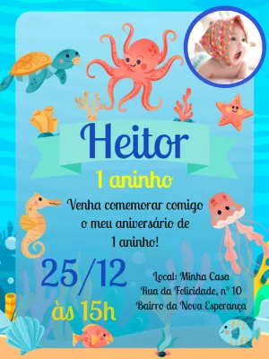 Convite Aniversário Fundo do Mar com Foto para Editar Online
