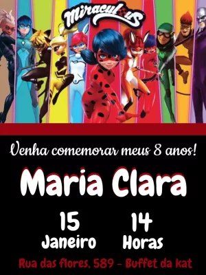 Convite de Aniversário Miraculous com Personagens para Editar