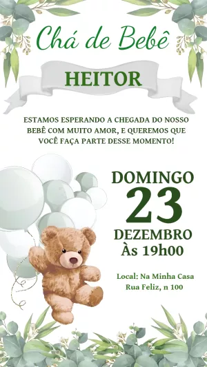 Convite Chá de Bebê Ursinho com Folhagens para Editar Online