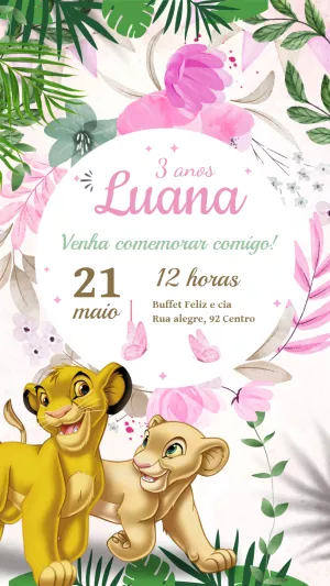 Convite de Aniversário Rei Leão Floral para Editar Online