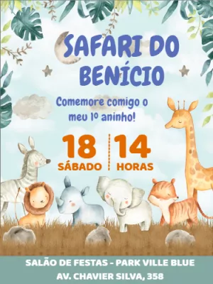 Convite Aniversário Safari com Animais Fofos para Editar Online