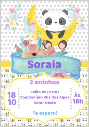 Convite Aniversário Panda Fofo Aquarela para Editar Online
