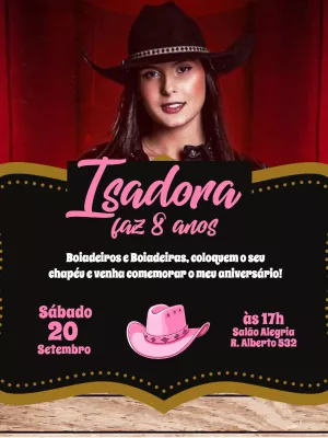 Convite Aniversário Boiadeira com Foto para Editar Online