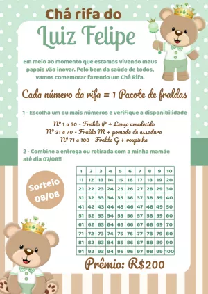 Convite Chá Rifa Ursinho Príncipe para Editar Online